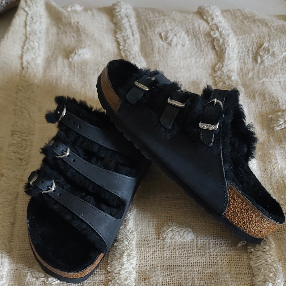 Birkenstock Black Shearling Sandals